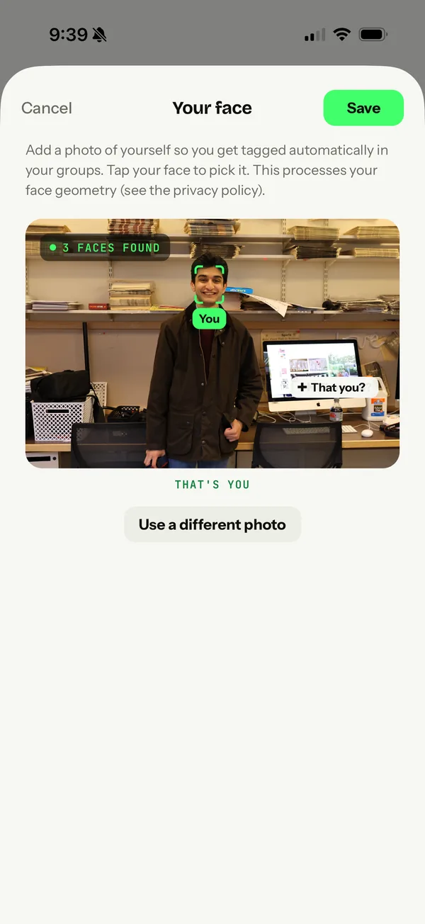 Adding your face in the tagme app: tap yourself in a photo