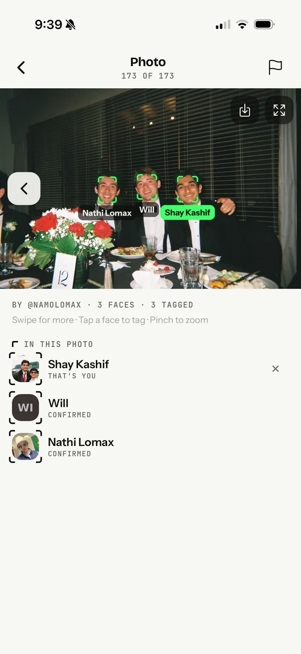 A group photo in tagme with each person tagged and confirmed